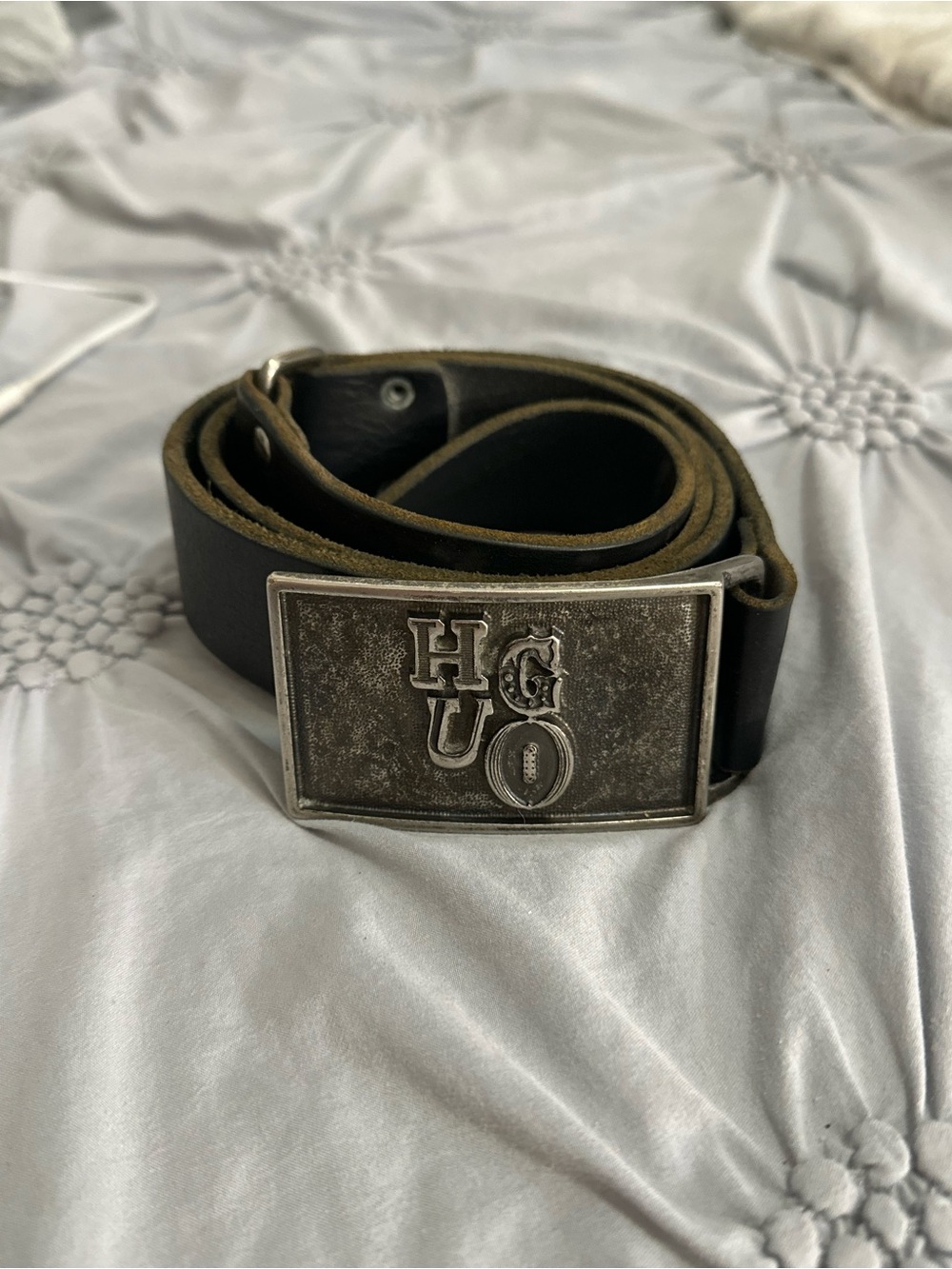 HUGO Black Leather Belt with Antique Silver Logo Buckle